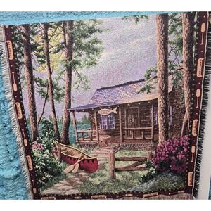 Fishing Lodge Vacation Lake Scene Canoe Woven Tapestry Throw Blanket 58"x49" USA